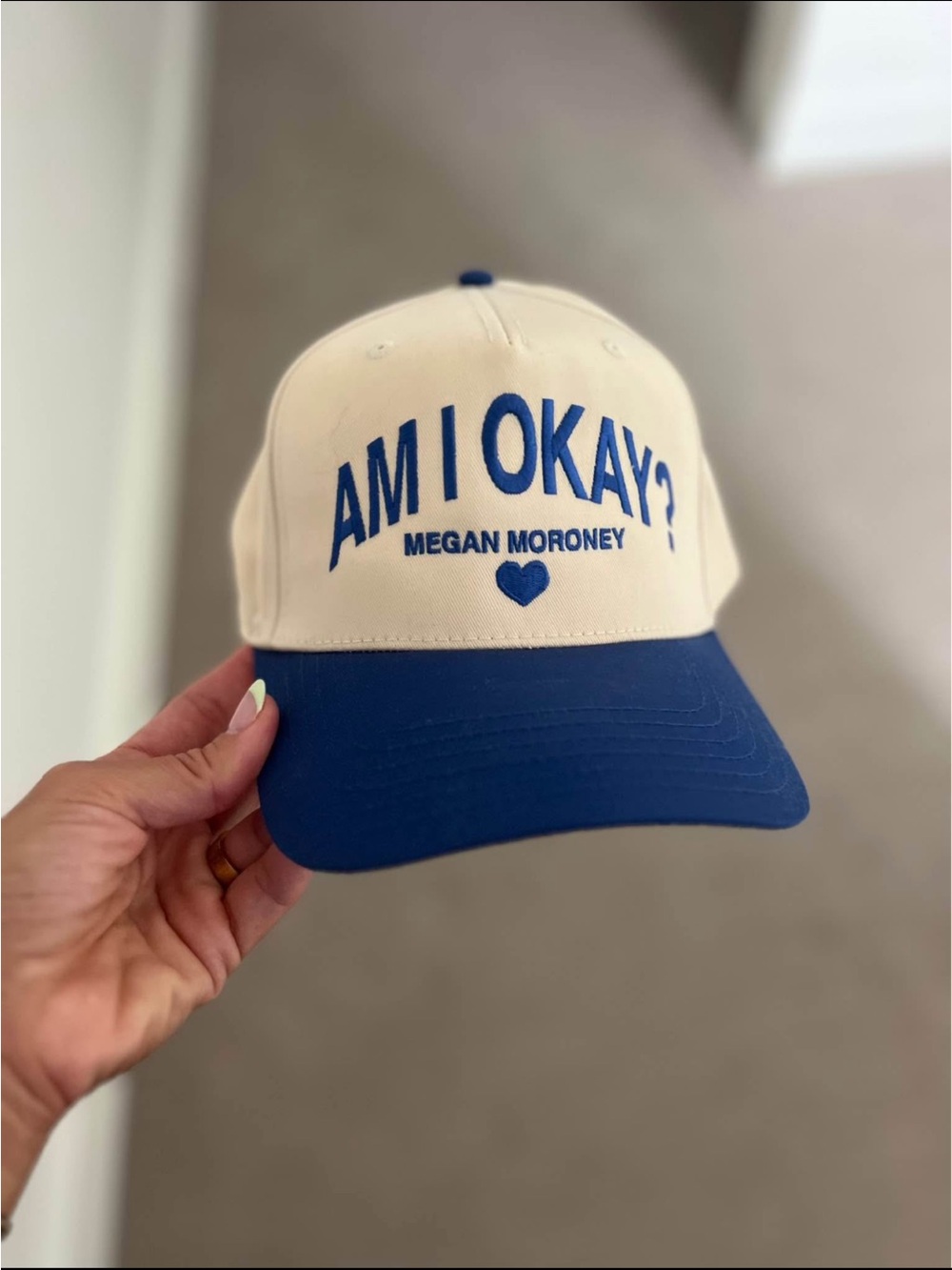 AM I OKAY? Megan Moroney concert hat Baseball Cap - Blue & Cream